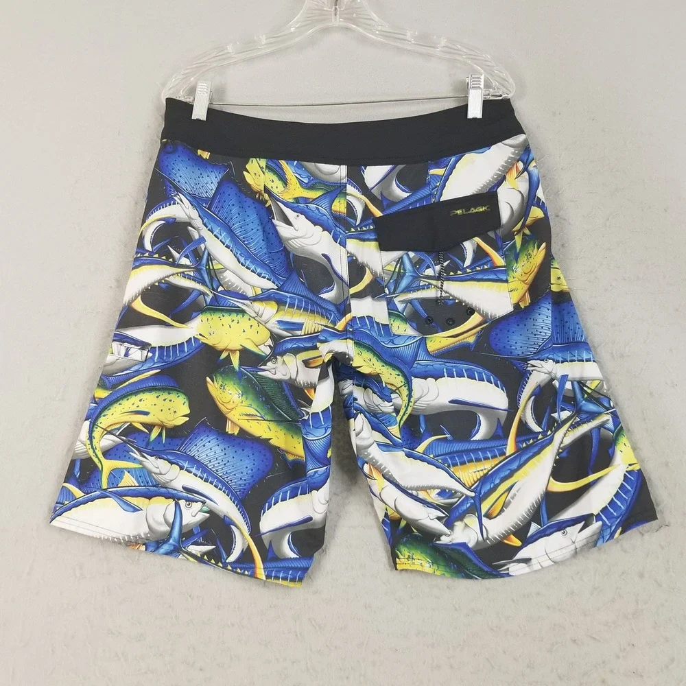 Pelagic Board Shorts Mens 32 Blue‎ Hydro-Lite Fish Print Marlin Tuna Mahi Mahi